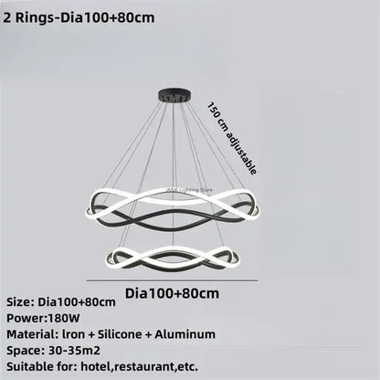 Modern black geometric led ring chandelier featuring interlocking black and white iron silicone aluminum rings
