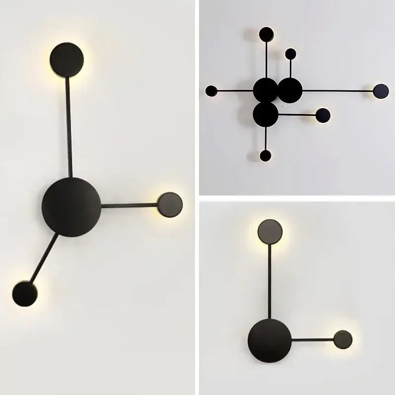 Modern black geometric led wall lamp featuring circular elements and slender rods for minimalist bedroom lighting