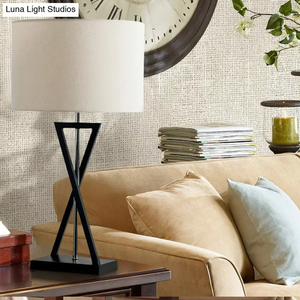 Black metal drum nightstand lamp with white fabric drum shade 1-light bedside table inch fixture by decorbites