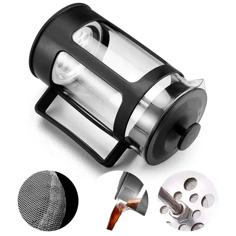 Modern black glass 350ml plastic coffee french press with stainless steel and clear glass carafe for brewing coffee