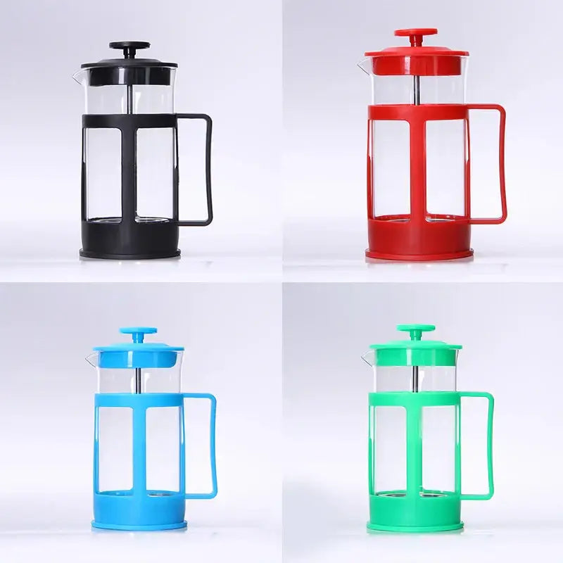 Four plastic coffee french press makers in black red blue and green with 350ml clear glass bodies and handles