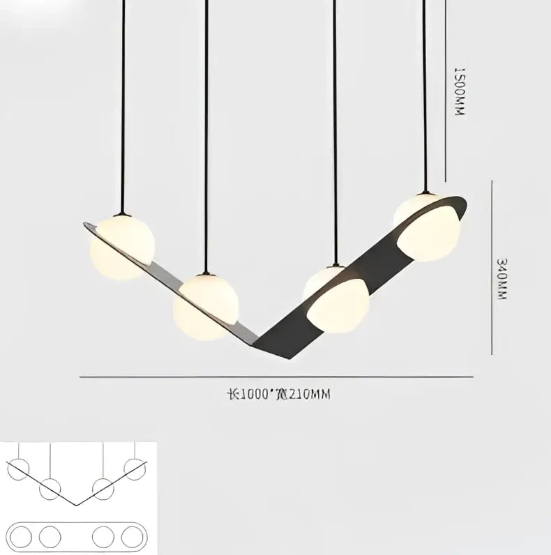 Modern black metal pendant light with five frosted glass ball globes in a glass ball geometric chandelier design