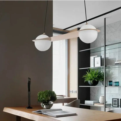 Modern black glass ball geometric chandelier with two white spherical globes on wooden beam for kitchen pendant light decorbites glass ball