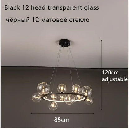 Modern black glass ball led chandelier with 12 heads and adjustable height for dining room lighting