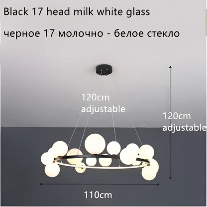 Modern black glass ball led chandelier with 17 white glass heads and adjustable arms for dining room lighting