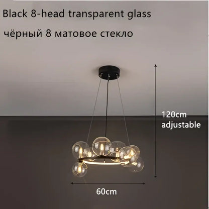 Modern black glass ball led chandelier with 8 transparent heads and adjustable height for dining room lighting