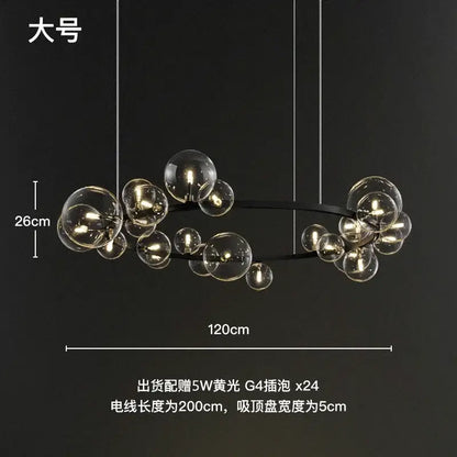 Modern black glass ball led chandelier with sleek metal frame and warm yellow bulbs for dining room lighting