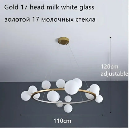 Modern gold-toned ball led chandelier with 17 milk white glass ball orbs for dining room lighting