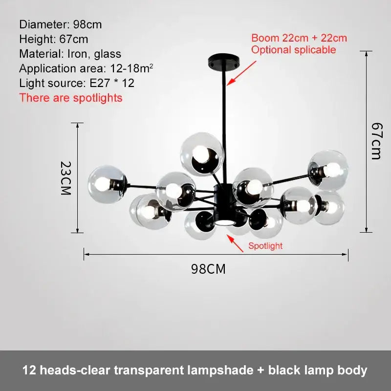 Modern black iron glass ball led chandelier with 12 clear globe lampshades for dining room decorbites glass ball light