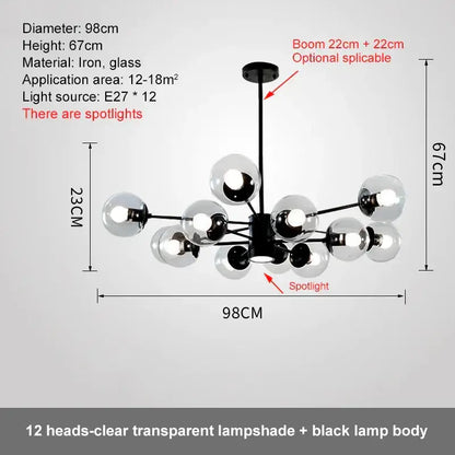 Modern black iron glass ball led chandelier with 12 clear globe lampshades for dining room decorbites glass ball light