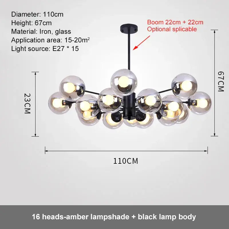 Modern black iron ball led chandelier with 16 amber glass globe lampshades for dining room decorbites glass ball lighting