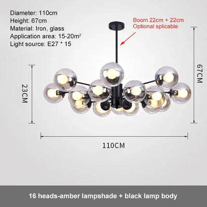 Modern black iron ball led chandelier with 16 amber glass globe lampshades for dining room decorbites glass ball lighting