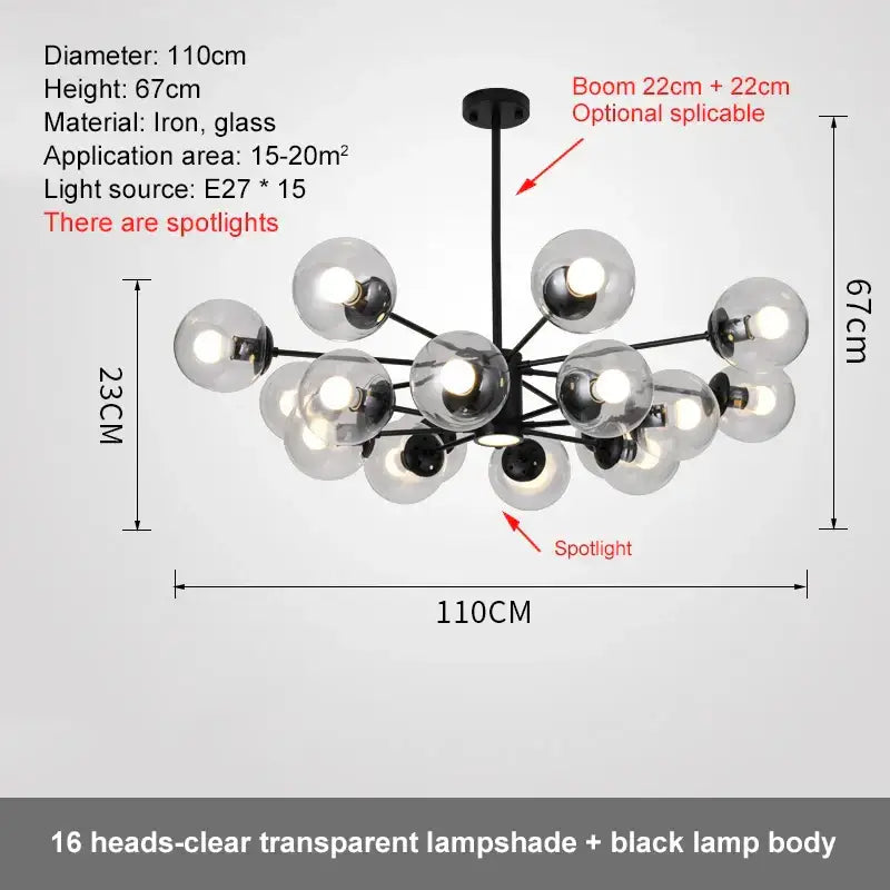Modern black iron decorbites glass ball led chandelier with 16 clear glass globe lampshades for dining room decor