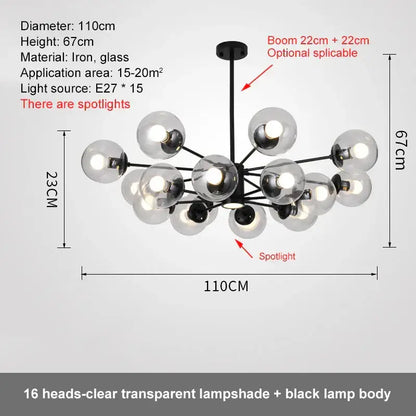 Modern black iron decorbites glass ball led chandelier with 16 clear glass globe lampshades for dining room decor