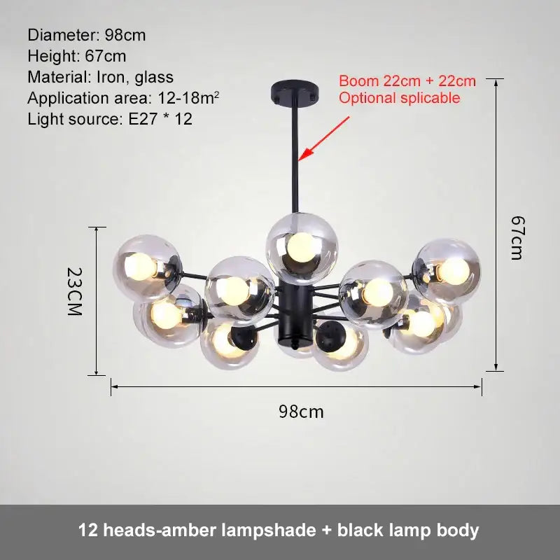Modern black glass ball led chandelier with twelve amber glass lampshades for dining room decorbites glass ball