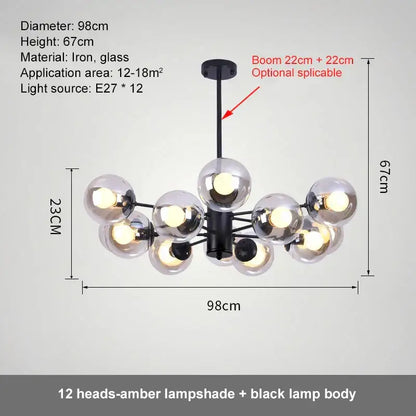 Modern black glass ball led chandelier with twelve amber glass lampshades for dining room decorbites glass ball