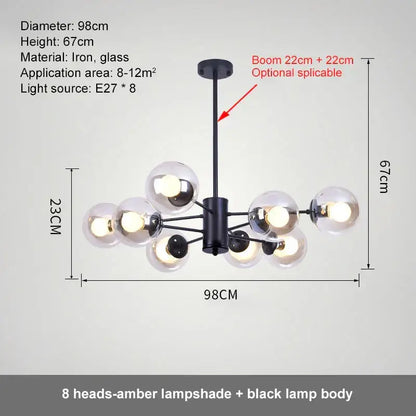 Modern black iron ball led chandelier with eight amber glass lampshades for dining room decorbites glass ball led design