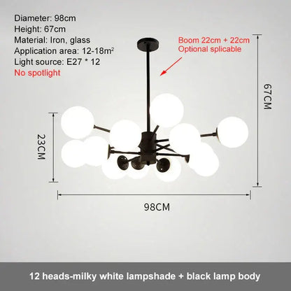 Modern black iron ball led chandelier with twelve milky white glass lampshades perfect for dining room decorbites glass ball