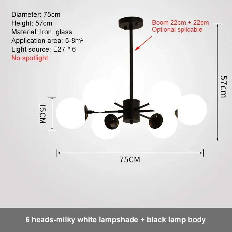 Modern black iron and glass ball led chandelier with six milky white lampshades for dining room decorbites glass ball