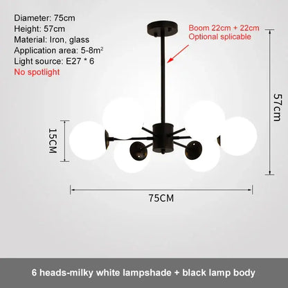 Modern black iron and glass ball led chandelier with six milky white lampshades for dining room decorbites glass ball
