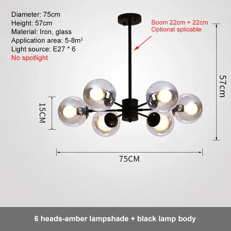 Modern black iron decorbites glass ball led chandelier with six amber glass lampshades for dining room lighting