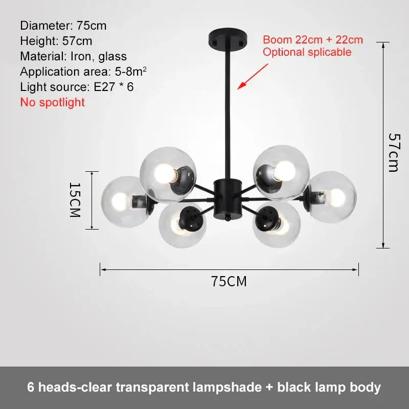 Modern black iron ball led chandelier with six clear glass lampshades for dining room decorbites glass ball design
