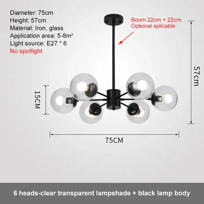 Modern black iron ball led chandelier with six clear glass lampshades for dining room decorbites glass ball design