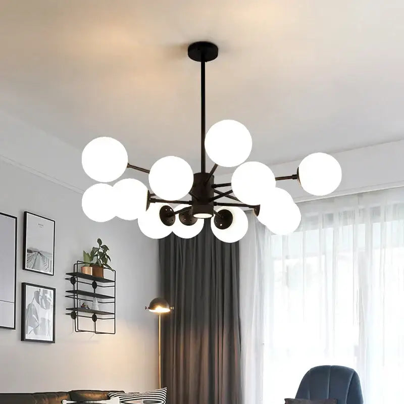 Modern black metal ball led chandelier with frosted white glass ball globes for dining room decorbites glass ball lighting