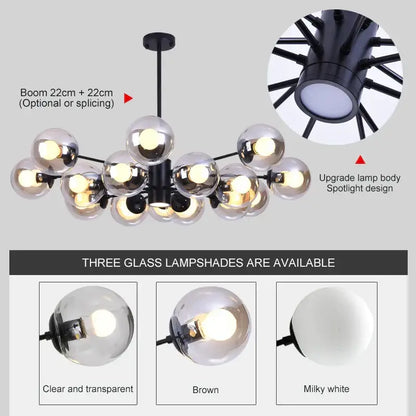 Modern black metal glass ball led chandelier with clear brown and milky white spherical lampshades for dining room decorbites glass ball