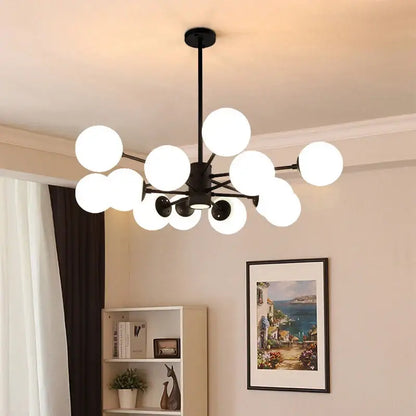 Modern black metal ball led chandelier featuring multiple frosted glass globe bulbs for dining room decorbites glass ball design