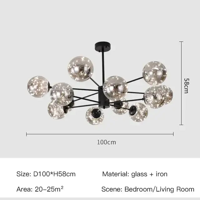 Modern black iron chandelier with multiple reflective glass spheres featuring decorbites black glass ball led design