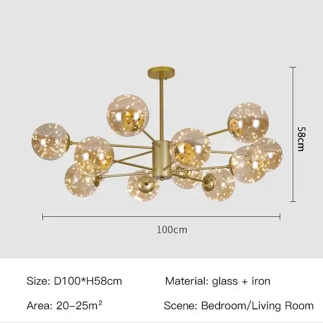 Modern black glass ball led chandelier with gold-toned iron frame and multiple spherical glass globes for luxury decorbites black glass decor