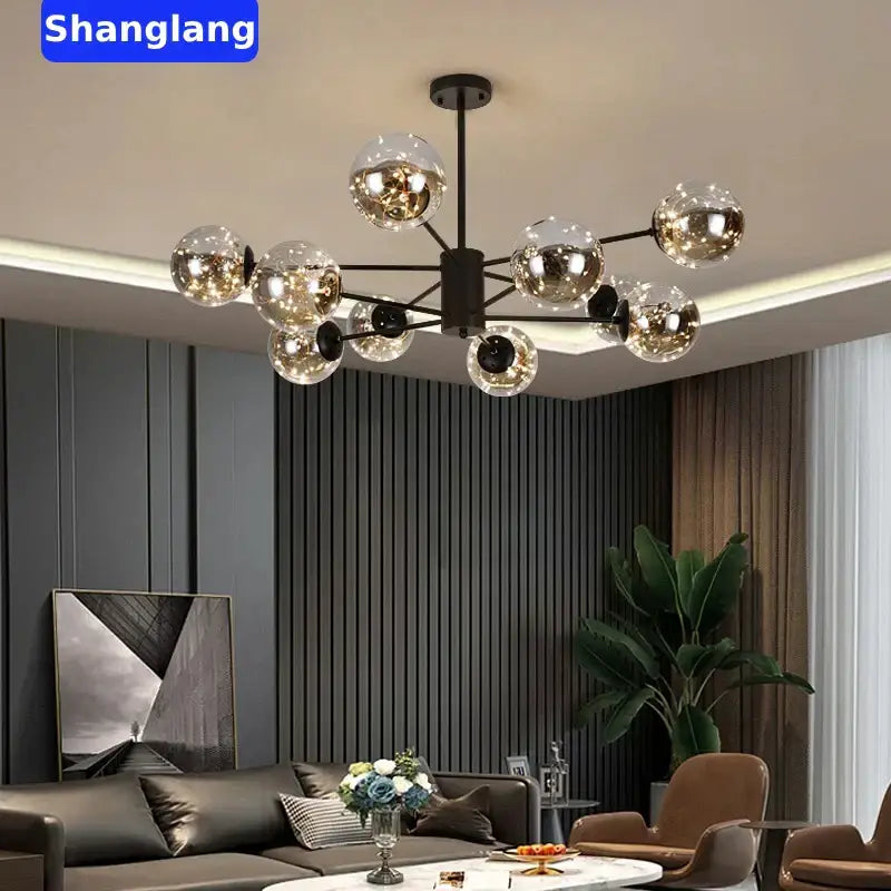 Modern black glass ball led chandelier with spherical glass globes reflecting warm light for living room decorbites luxury fixture
