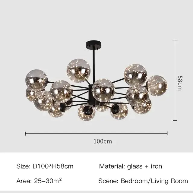 Modern black iron chandelier featuring reflective silver glass spheres as a decorbites black glass ball led fixture