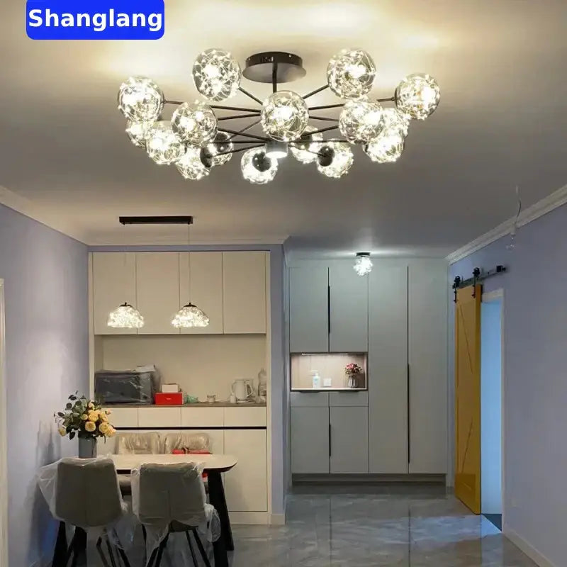 Shanglang decorbites black glass ball led chandelier with clear glass globes on a modern metal frame for living room luxury decor