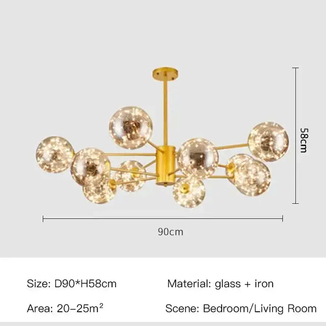 Gold-toned modern black glass ball led chandelier with clear glass spheres on iron frame for living room decorbites black glass
