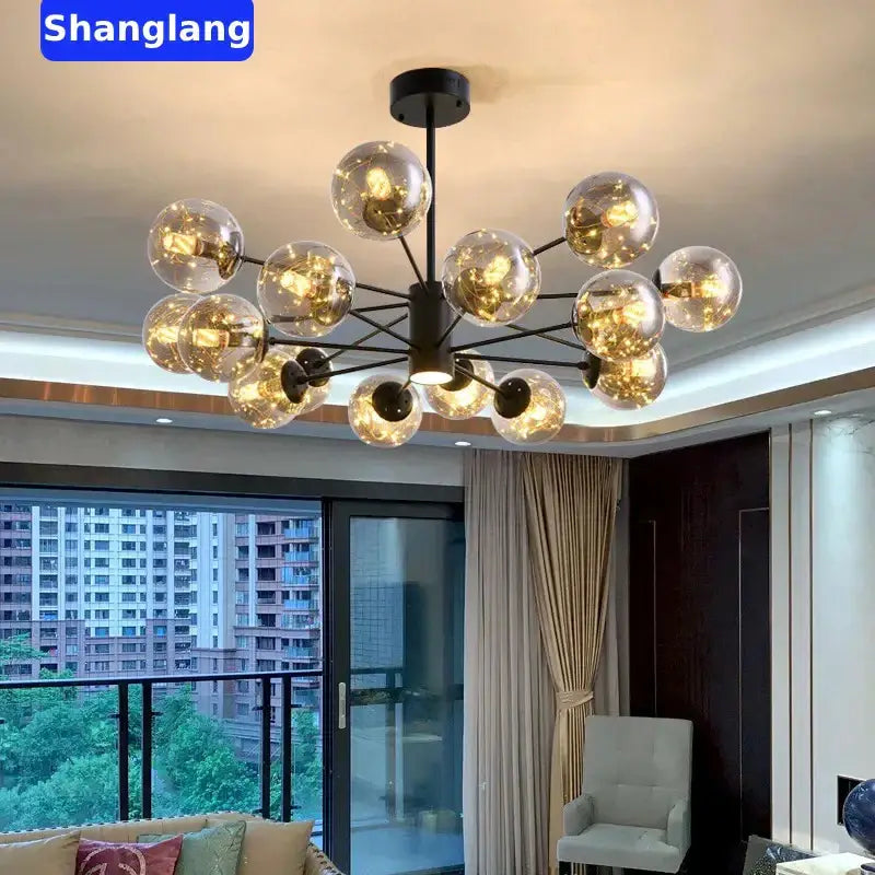 Shanglang modern black glass ball led chandelier with multiple spherical bulbs and black metal frame for luxury decorbites decor