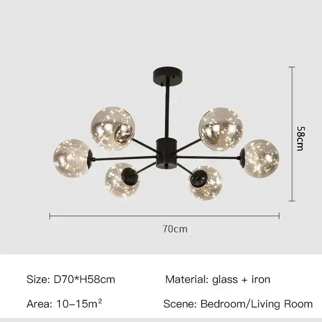 Modern black iron chandelier with six reflective glass ball led shades for luxury living room decorbites black glass fixture