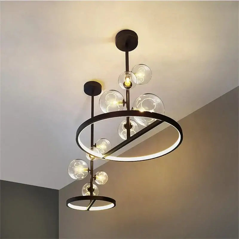 Modern black glass ball led chandelier with clear glass spheres and circular led rings for living room decorbites glass ball