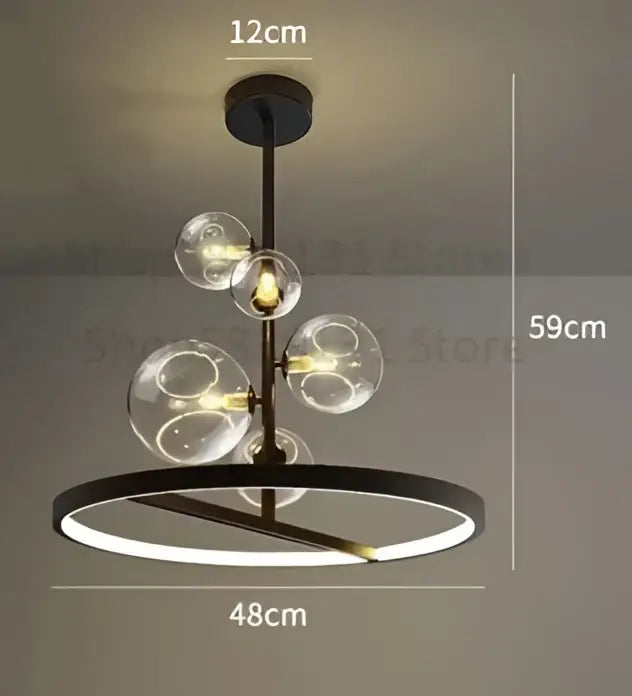 Modern black metal chandelier with clear glass ball led bulbs and circular LED ring for living room decorbites glass ball