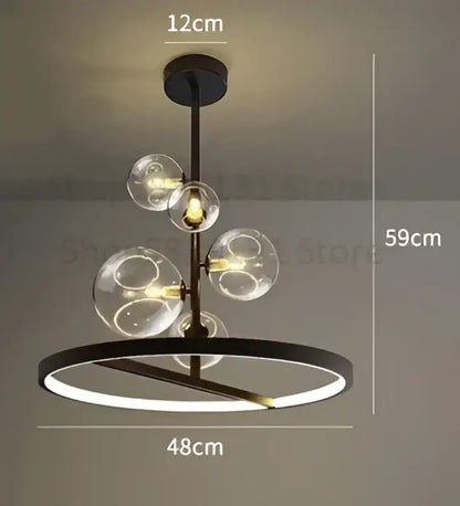 Modern black metal chandelier with clear glass ball led bulbs and circular LED ring for living room decorbites glass ball