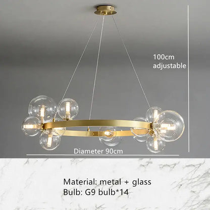 Modern black glass bubble chandelier with gold-toned circular metal frame and 14 clear glass bubble bulbs decorbites clear glass