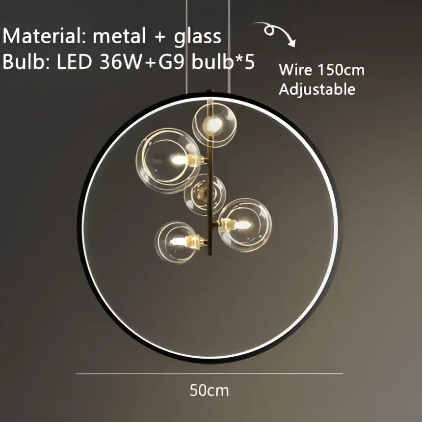Modern black glass bubble chandelier with a sleek black metal frame and five clear glass bubble bulbs for dining room decorbites clear glass