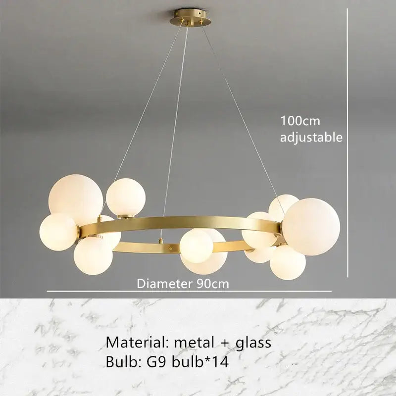 Modern black glass bubble chandelier with gold-toned circular frame and 14 frosted glass globe bulbs for dining room decorbites clear glass