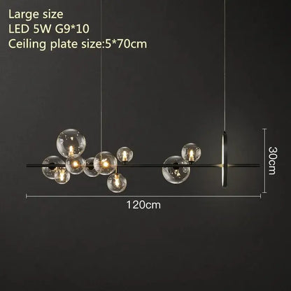 Modern black metal glass bubble chandelier with ten clear globe bulbs and sleek rectangular ceiling plate for dining decorbites