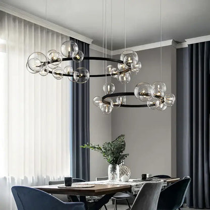 Modern black metal glass bubble chandelier with clear globe bulbs for dining room lighting decorbites glass bubble design