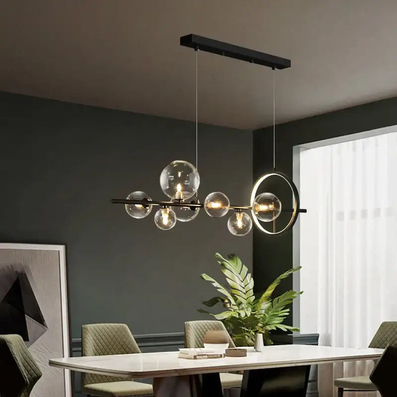 Modern black metal glass bubble chandelier with clear globe bulbs and circular ring for dining room decorbites glass bubble