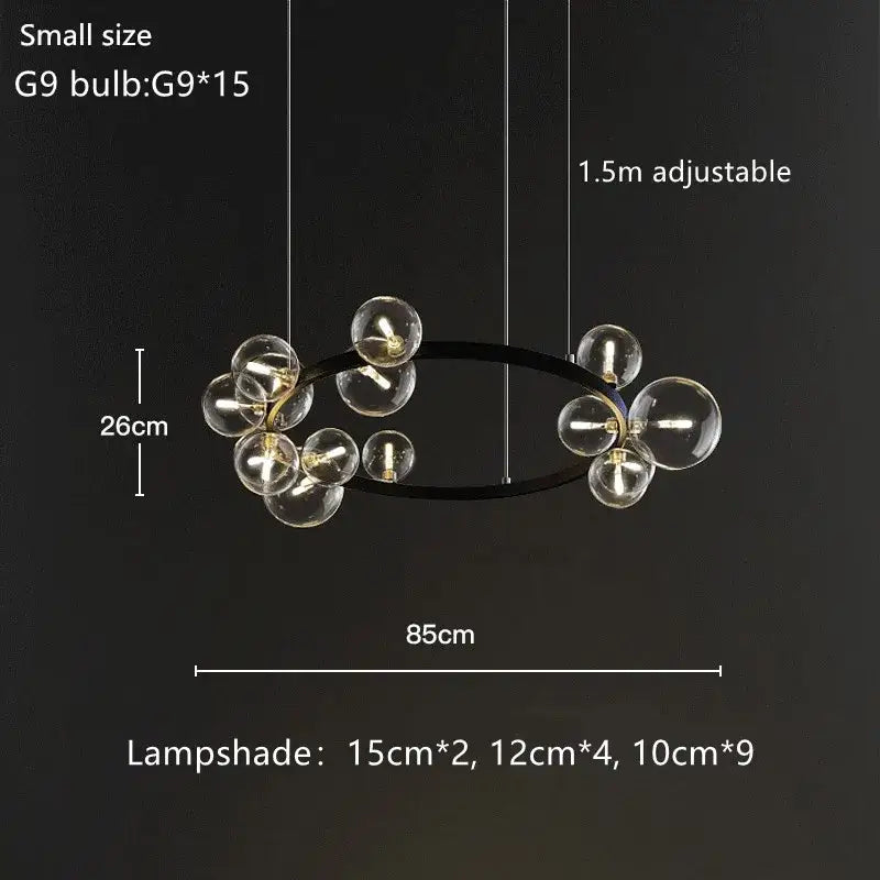 Modern black glass bubble chandelier with clear glass globe lamps and gold-toned accents for dining room decorbites glass bubble
