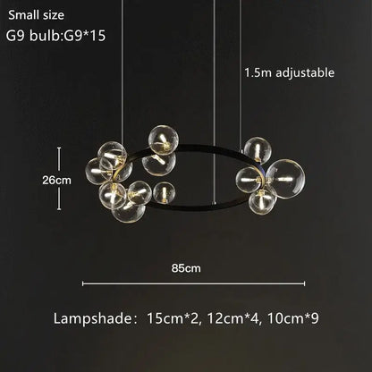 Modern black glass bubble chandelier with clear glass globe lamps and gold-toned accents for dining room decorbites glass bubble