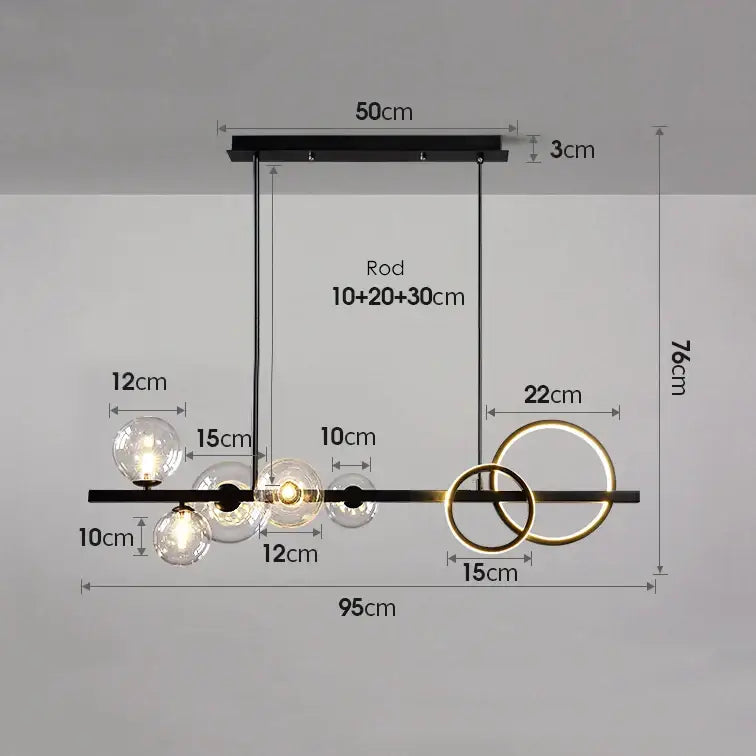 Modern black glass bubble chandelier with gold rings and clear glass spheres for dining room lighting